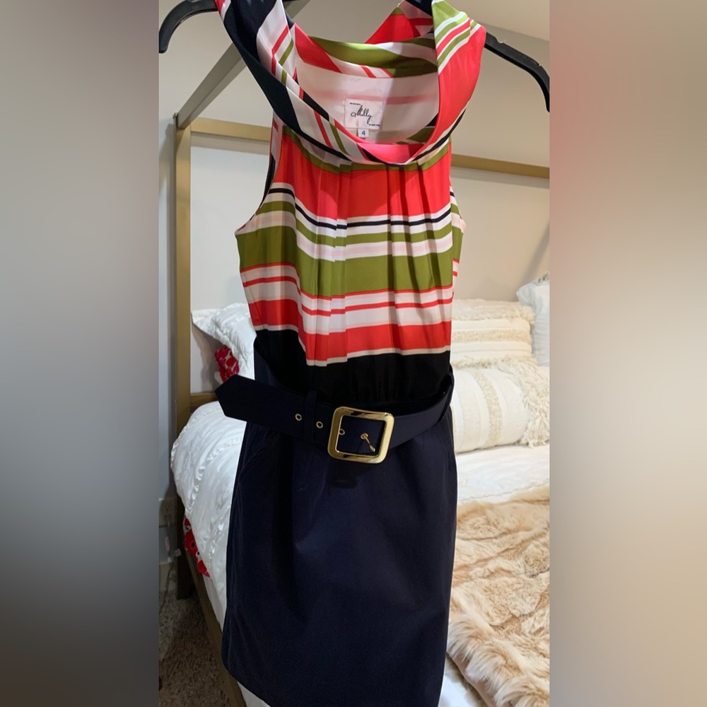 Milly silk multi-color striped top and navy blue bottom dress with belt.
